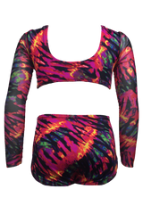 Red Tie Dye Mesh Long Sleeve Leotard