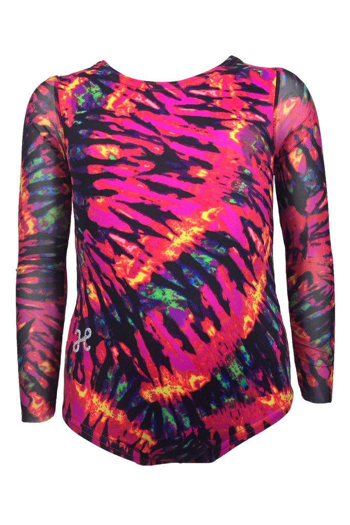 Red Tie Dye Mesh Long Sleeve Leotard