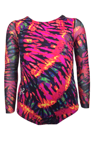 Red Tie Dye Mesh Long Sleeve Leotard